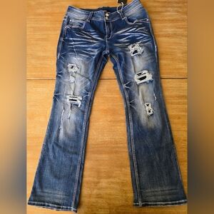 Flamingals Women Wash Ripped Stitch Detail Double Button Low Rise Bootcut Jean